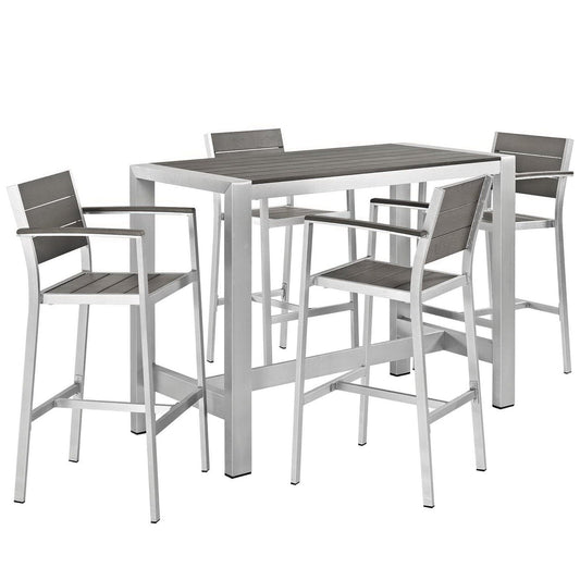 Shore 5 Piece Outdoor Patio Aluminum Bar Set in Silver Gray by Modway Bar Set Modway 