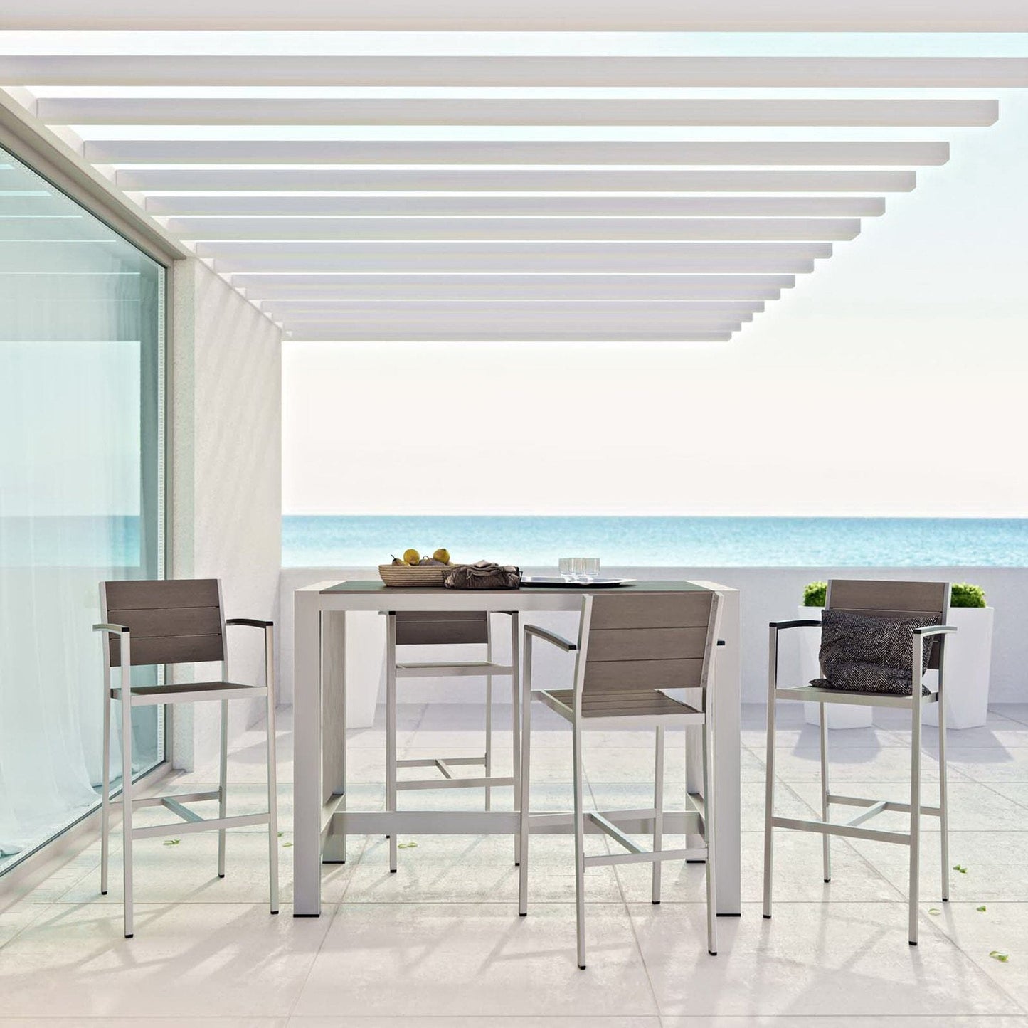 Shore 5 Piece Outdoor Patio Aluminum Bar Set in Silver Gray by Modway Bar Set Modway 