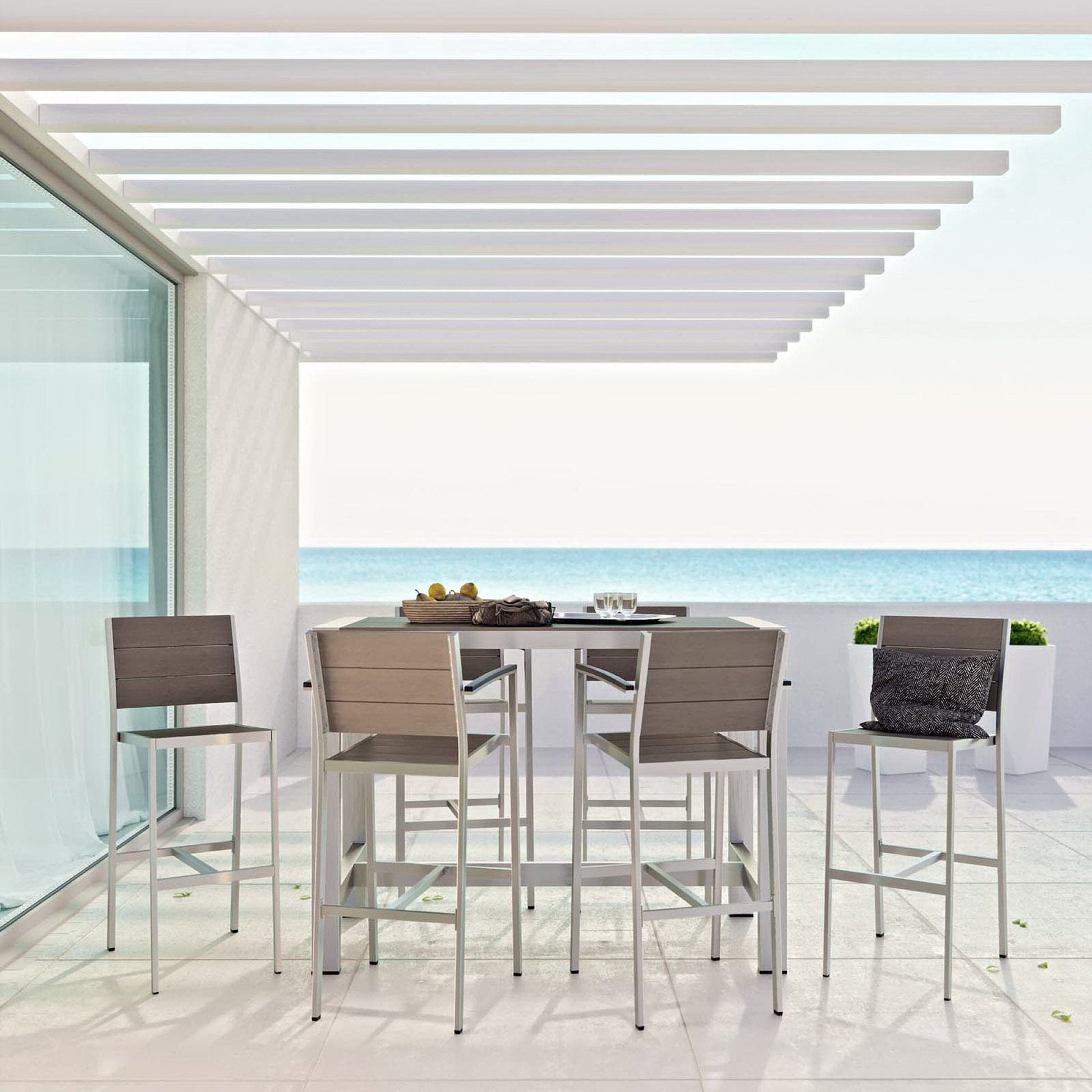 Shore 7 Piece Outdoor Patio Aluminum Bar Set in Silver Gray by Modway Bar Set Modway 
