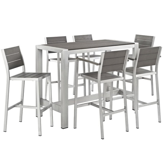 Shore 7 Piece Outdoor Patio Aluminum Bar Set in Silver Gray by Modway Bar Set Modway 