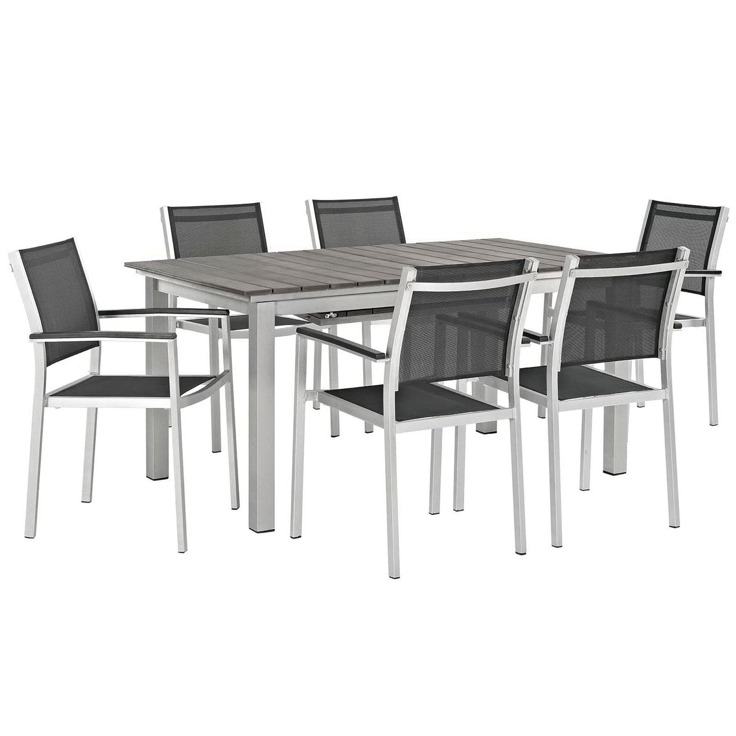 Shore 7 Piece Outdoor Patio Aluminum Dining Set in Silver Black by Modway Dining Set Modway 