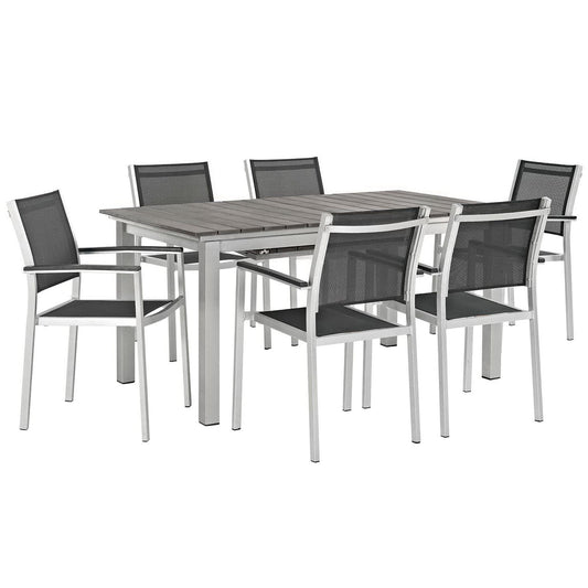 Shore 7 Piece Outdoor Patio Aluminum Dining Set in Silver Black by Modway Dining Set Modway 
