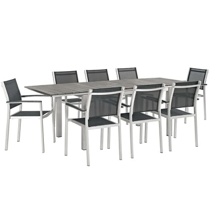 Shore 9 Piece Outdoor Patio Aluminum Dining Set in Silver Black by Modway Dining Set Modway 