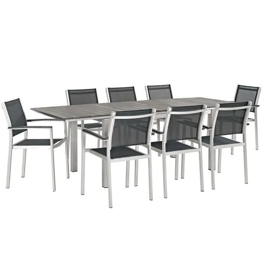 Shore 9 Piece Outdoor Patio Aluminum Dining Set in Silver Black by Modway Dining Set Modway 