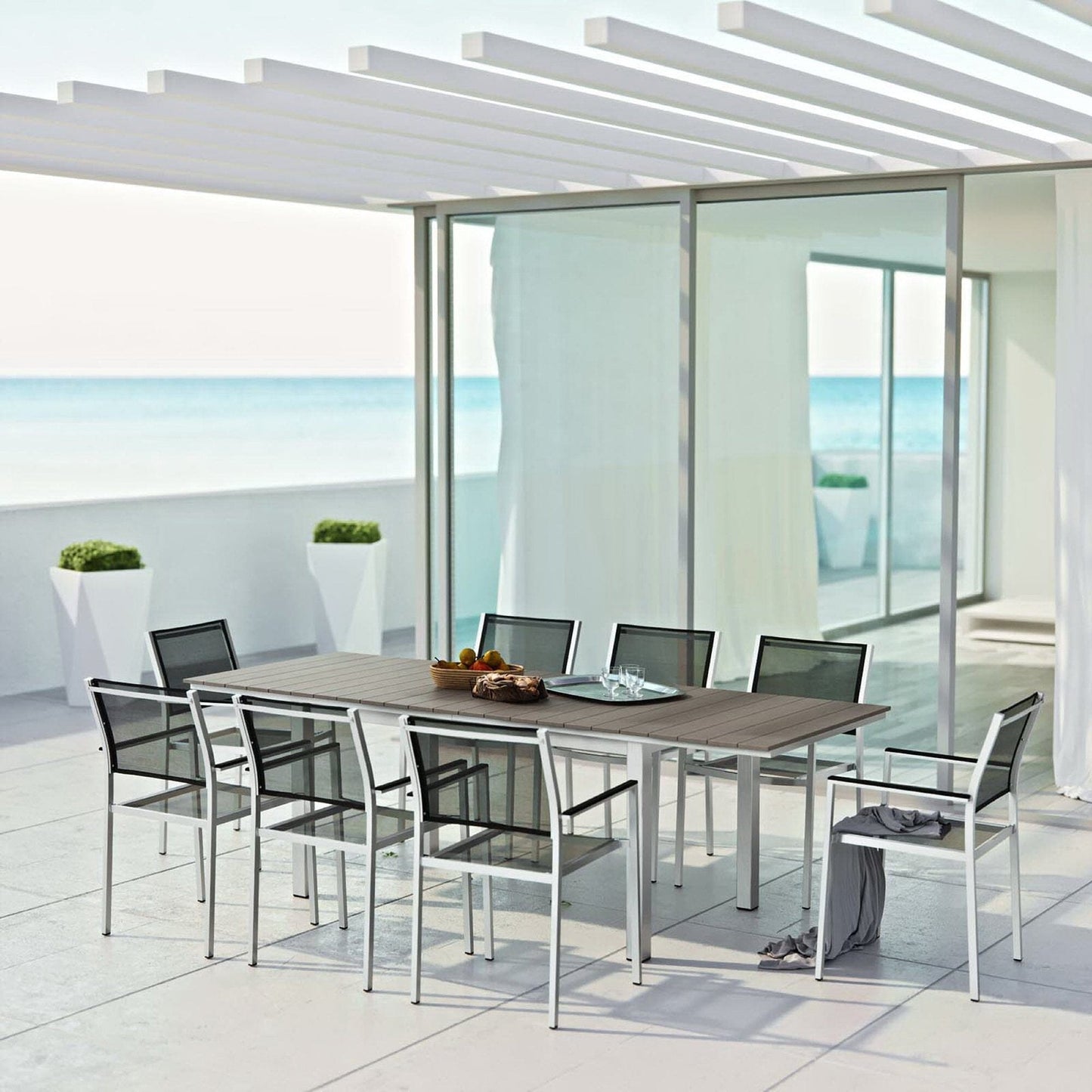 Shore 9 Piece Outdoor Patio Aluminum Dining Set in Silver Black by Modway Dining Set Modway 
