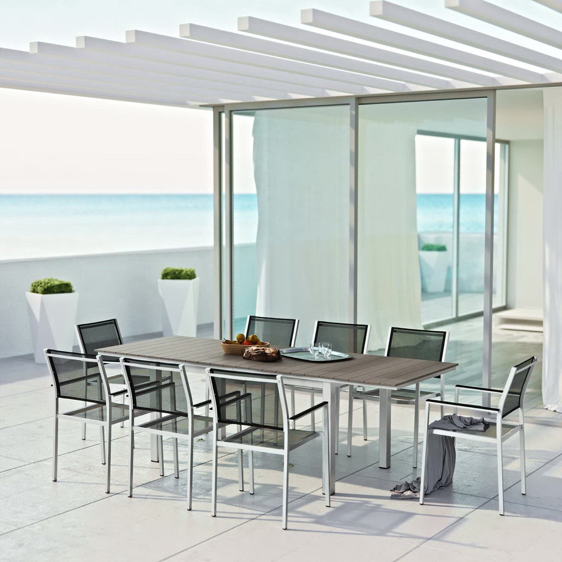 Shore 9 Piece Outdoor Patio Aluminum Dining Set in Silver Black by Modway Dining Set Modway 
