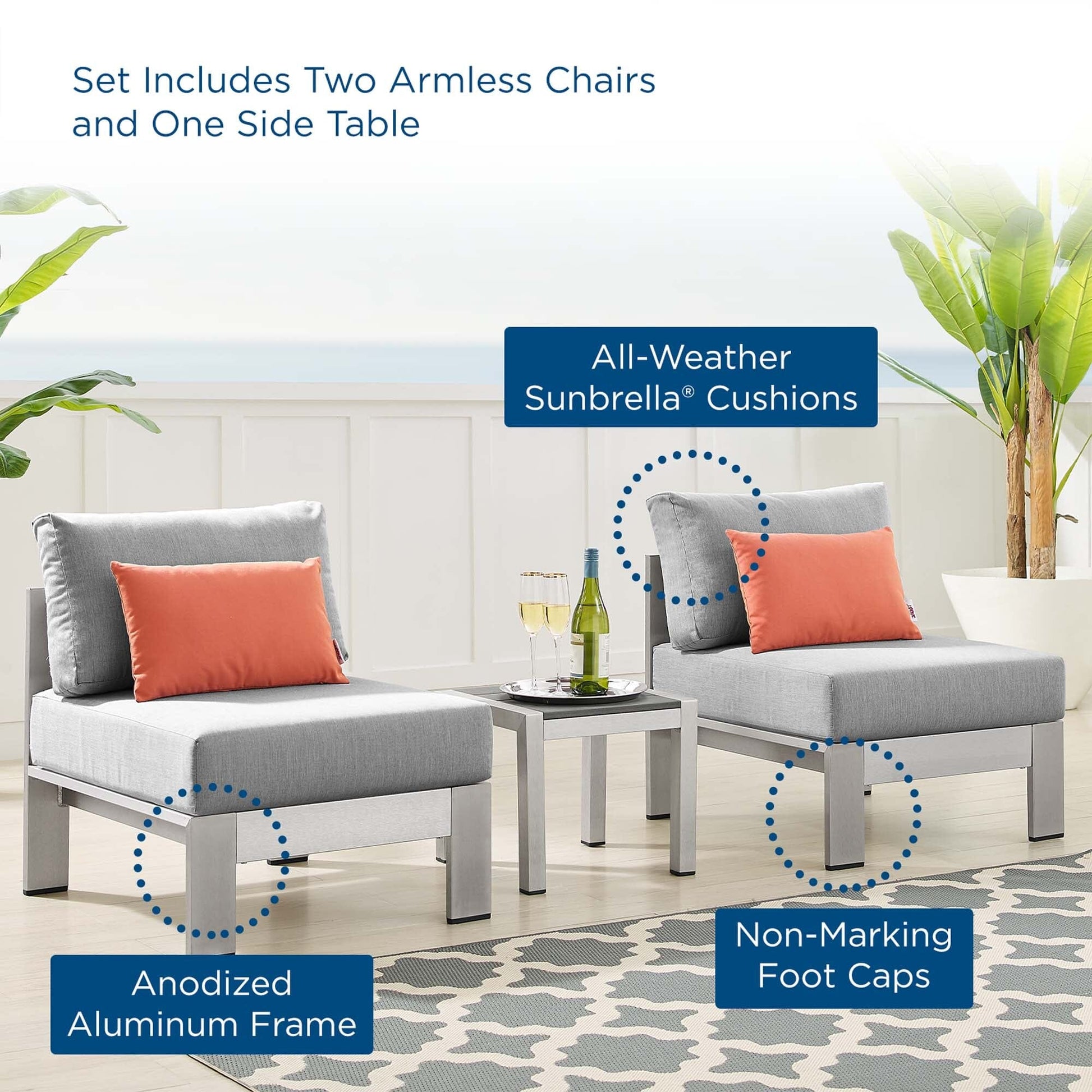 Shore Aluminum 3-Piece Bistro Conversation Set - Silver Gray by Modway Conversation Set Modway 