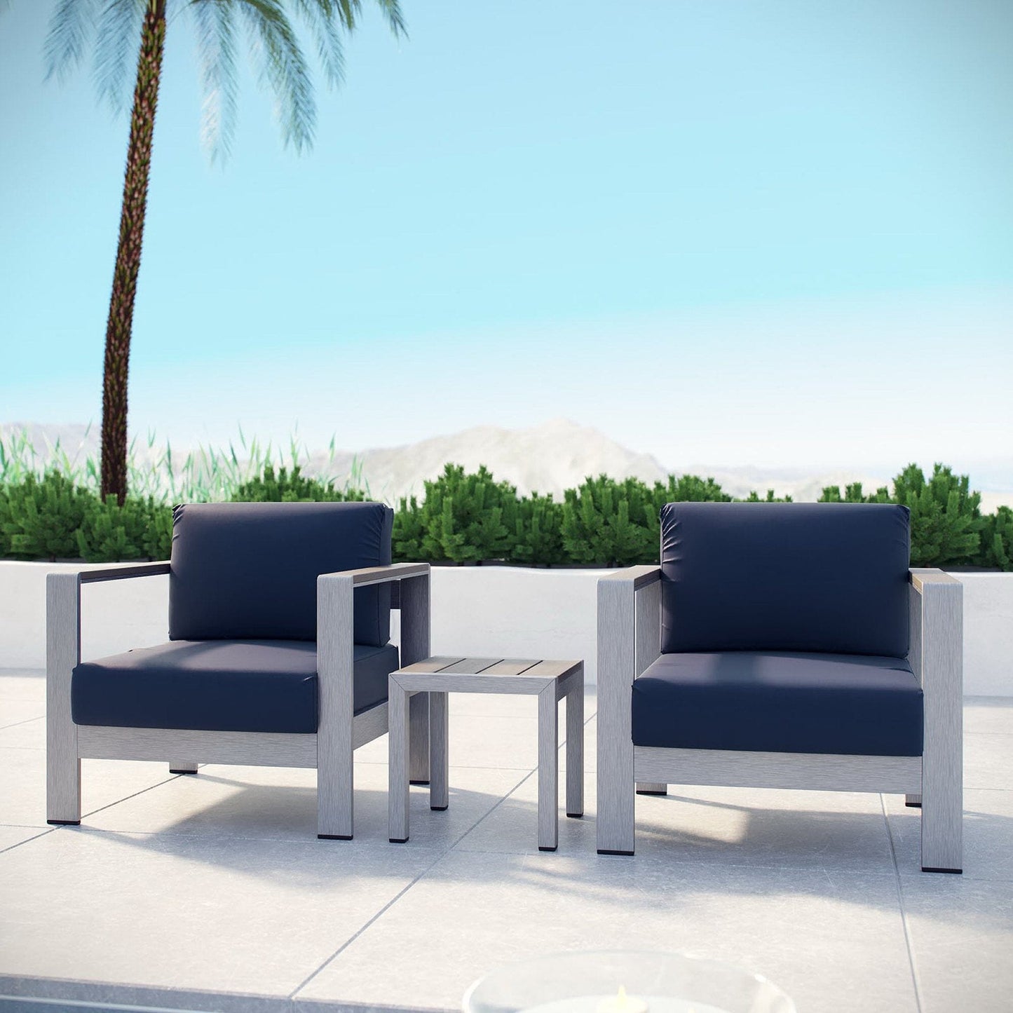 Shore Aluminum 3-Piece Conversation Set - Silver Navy by Modway Conversation Set Modway 
