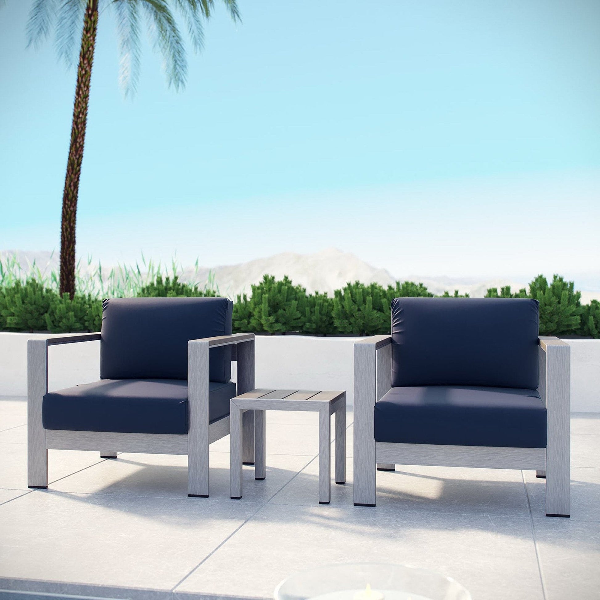 Shore Aluminum 3-Piece Conversation Set - Silver Navy by Modway Conversation Set Modway 
