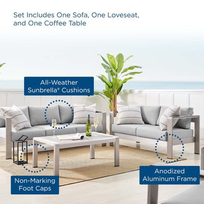 Shore Aluminum 3-Piece Patio Set - Silver Gray by Modway Conversation Set Modway 