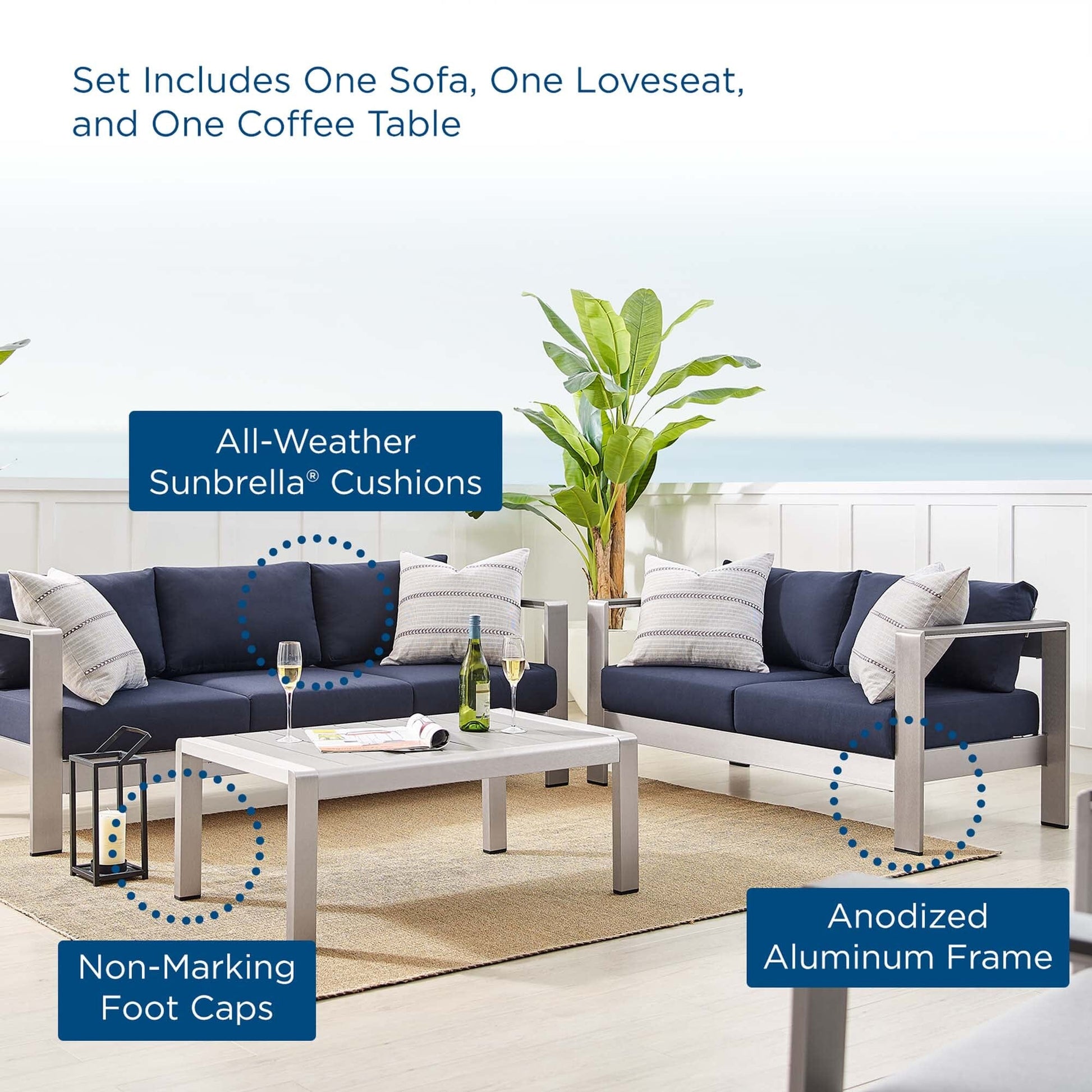 Shore Aluminum 3-Piece Patio Set - Silver Navy by Modway Conversation Set Modway 