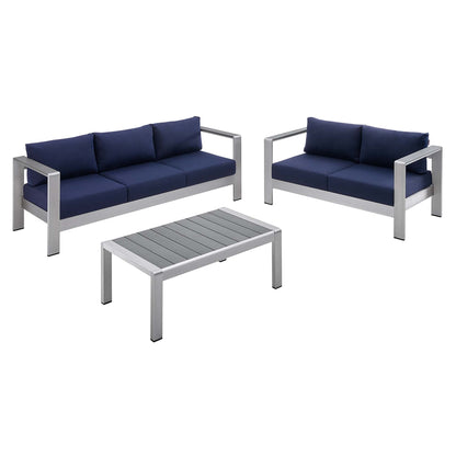 Shore Aluminum 3-Piece Patio Set - Silver Navy by Modway Conversation Set Modway 