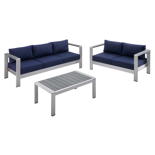 Shore Aluminum 3-Piece Patio Set - Silver Navy by Modway Conversation Set Modway 
