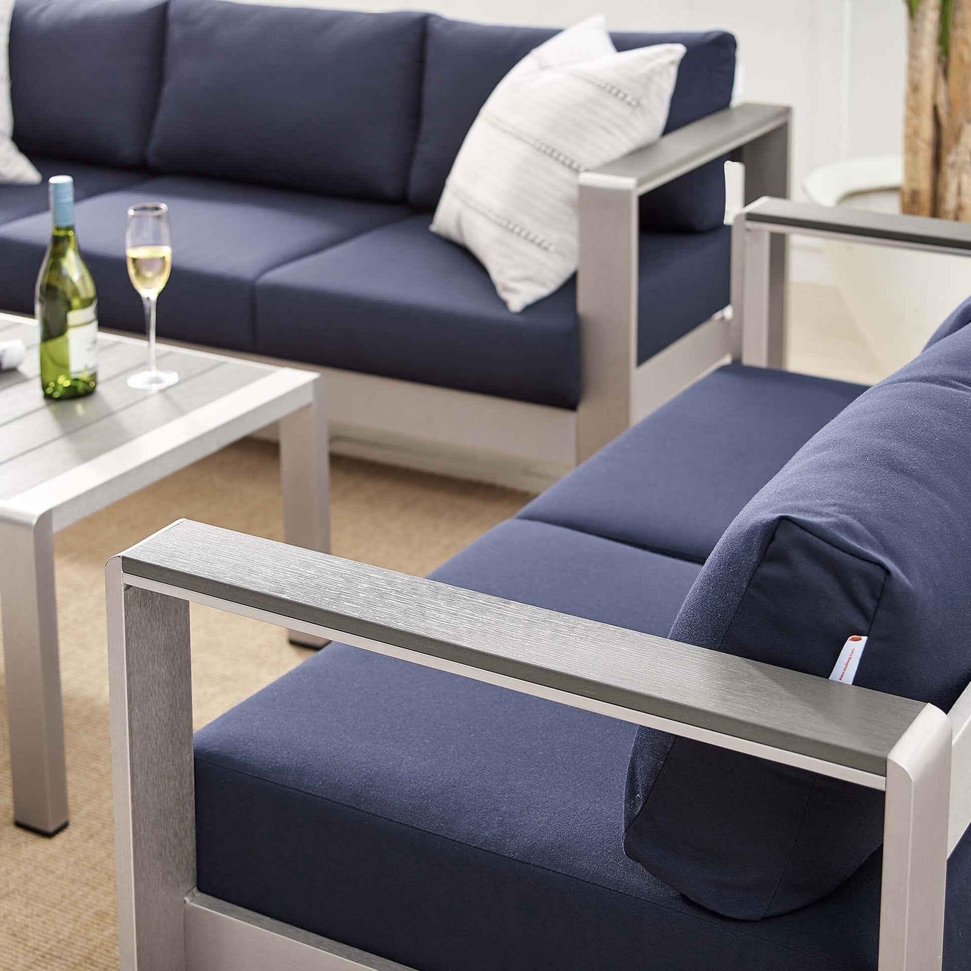 Shore Aluminum 3-Piece Patio Set - Silver Navy by Modway Conversation Set Modway 