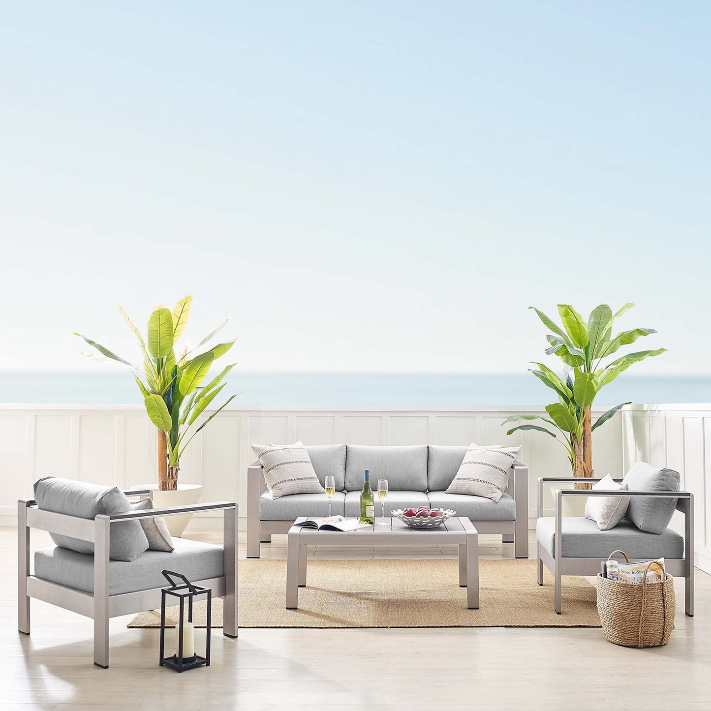 Shore Aluminum 4-Piece Patio Conversation Set - Silver Gray by Modway Conversation Set Modway 