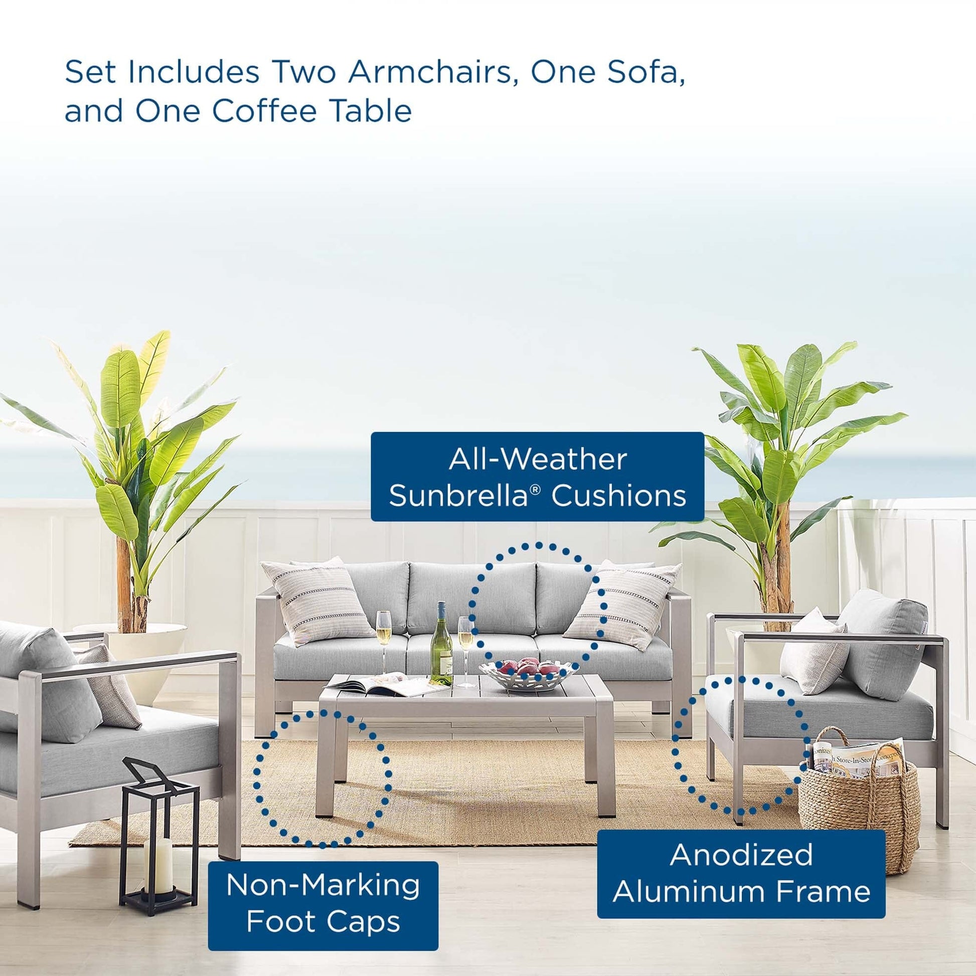 Shore Aluminum 4-Piece Patio Conversation Set - Silver Gray by Modway Conversation Set Modway 
