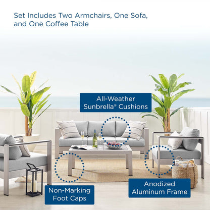 Shore Aluminum 4-Piece Patio Conversation Set - Silver Gray by Modway Conversation Set Modway 
