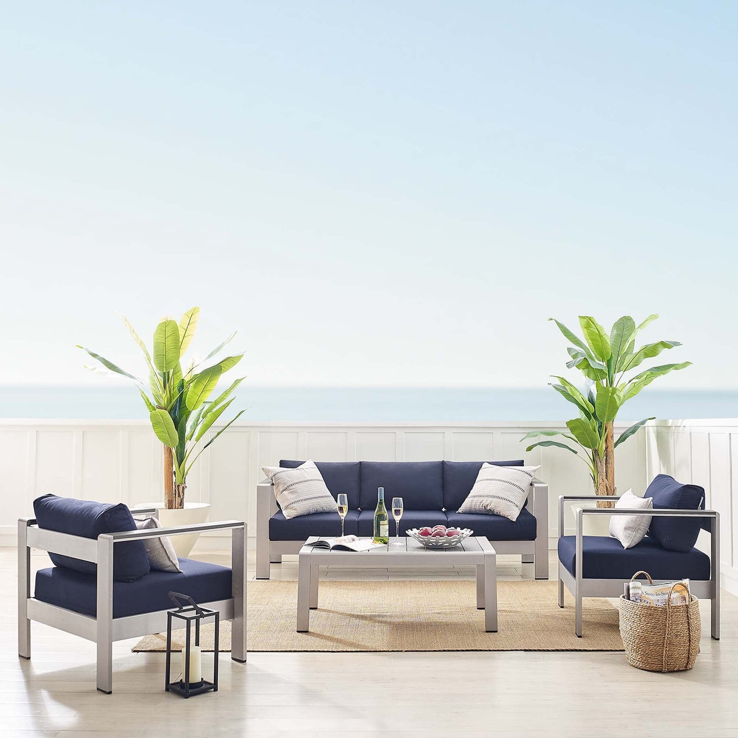 Shore Aluminum 4-Piece Patio Conversation Set - Silver Navy by Modway Conversation Set Modway 