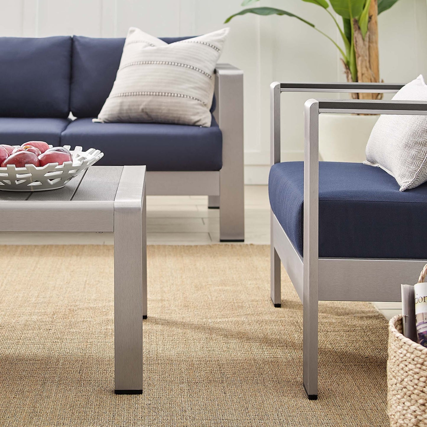 Shore Aluminum 4-Piece Patio Conversation Set - Silver Navy by Modway Conversation Set Modway 
