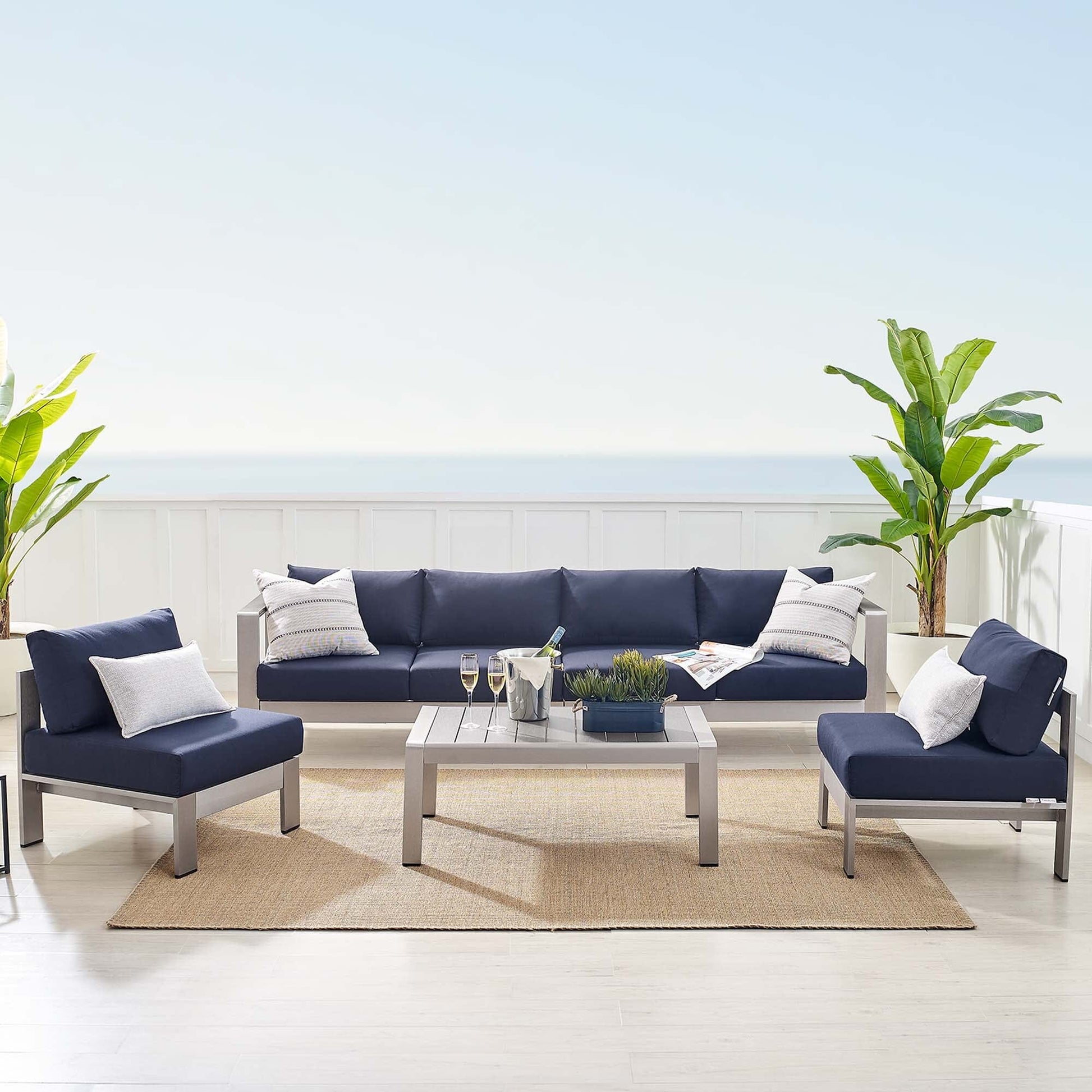 Shore Aluminum 5-Piece Sectional Sofa Set - Silver Navy by Modway Sectional Set Modway 