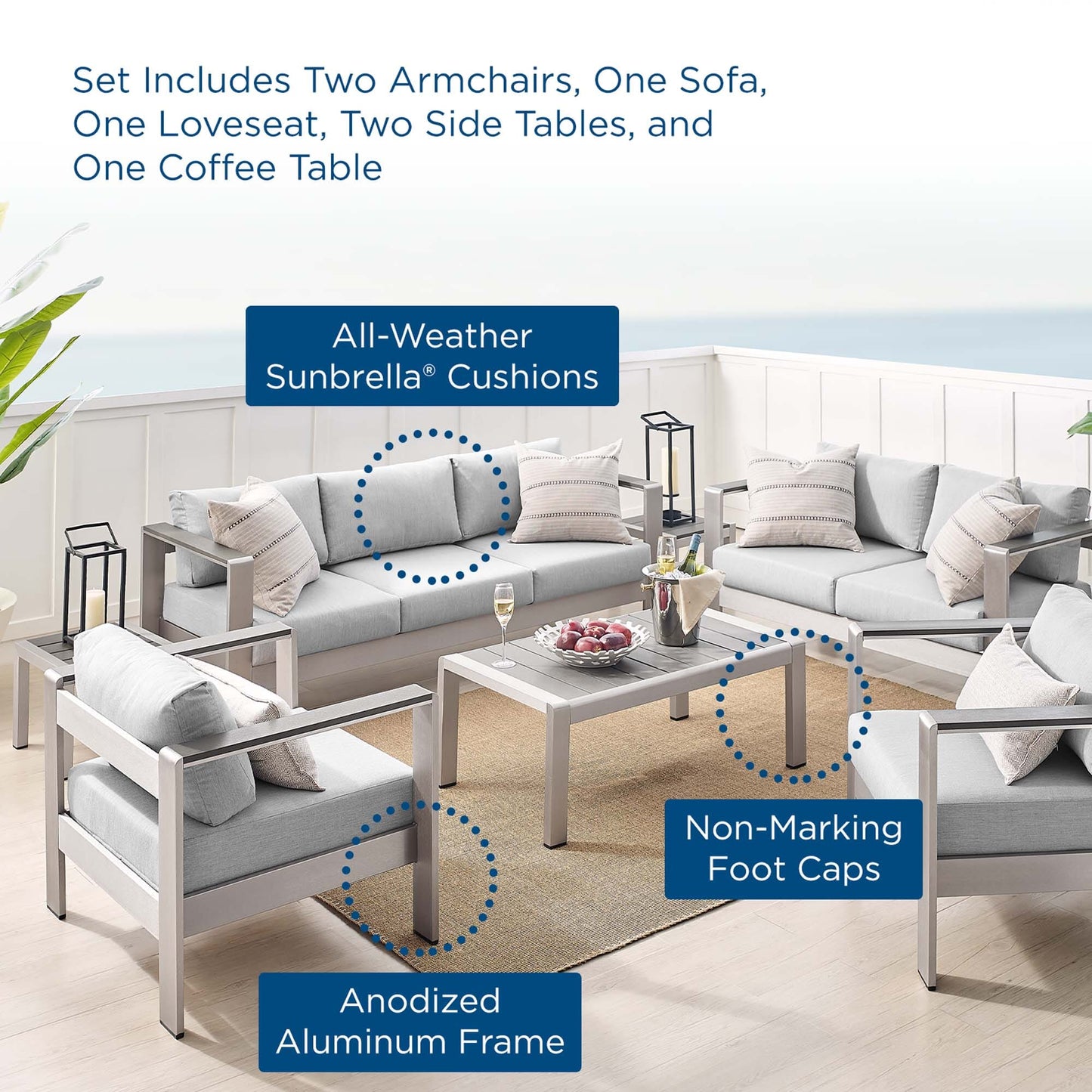 Shore Aluminum 7-Piece Patio Conversation Set - Silver Gray by Modway Conversation Set Modway 