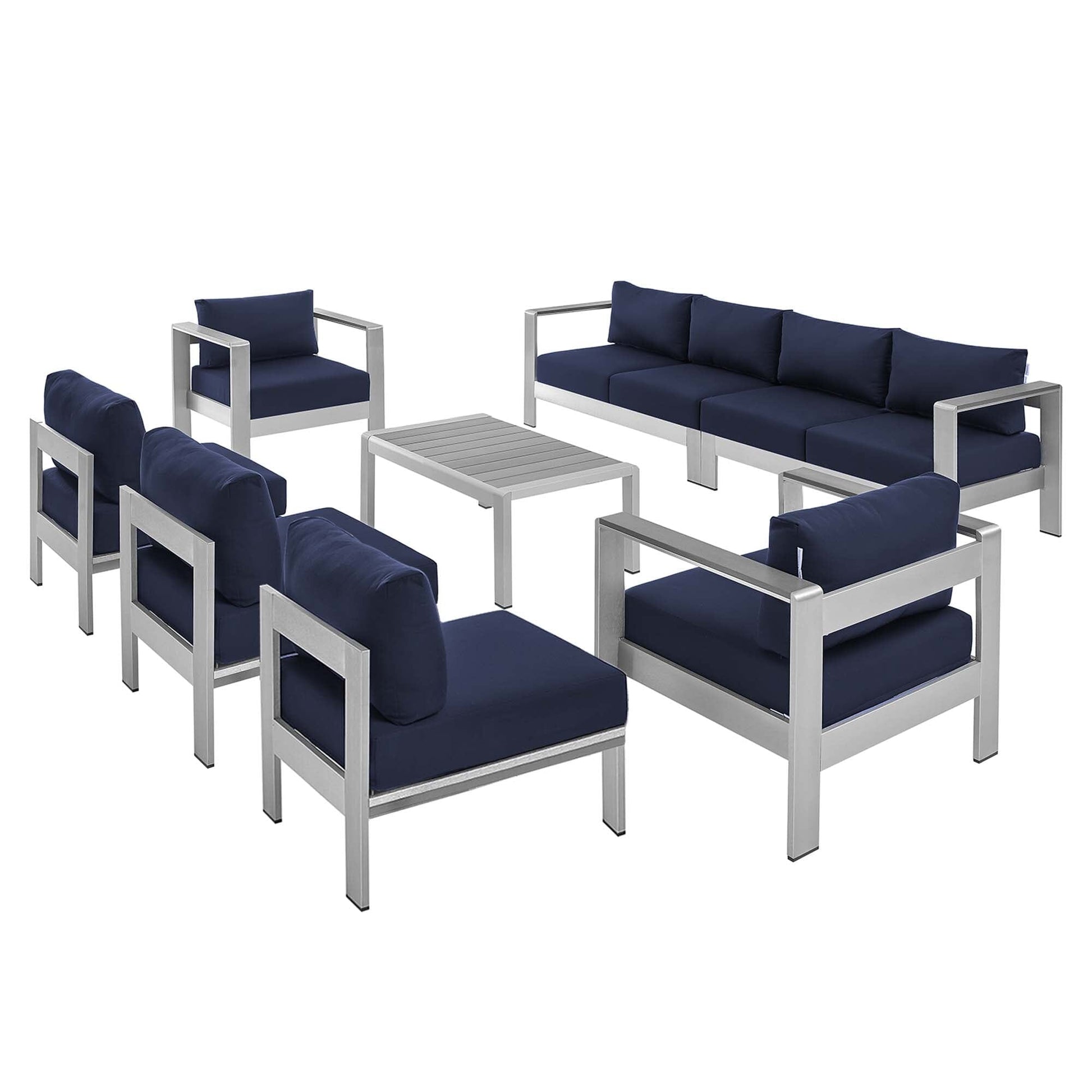 Shore Aluminum 8-Piece Sectional Sofa Set - Silver Navy by Modway Sectional Set Modway 
