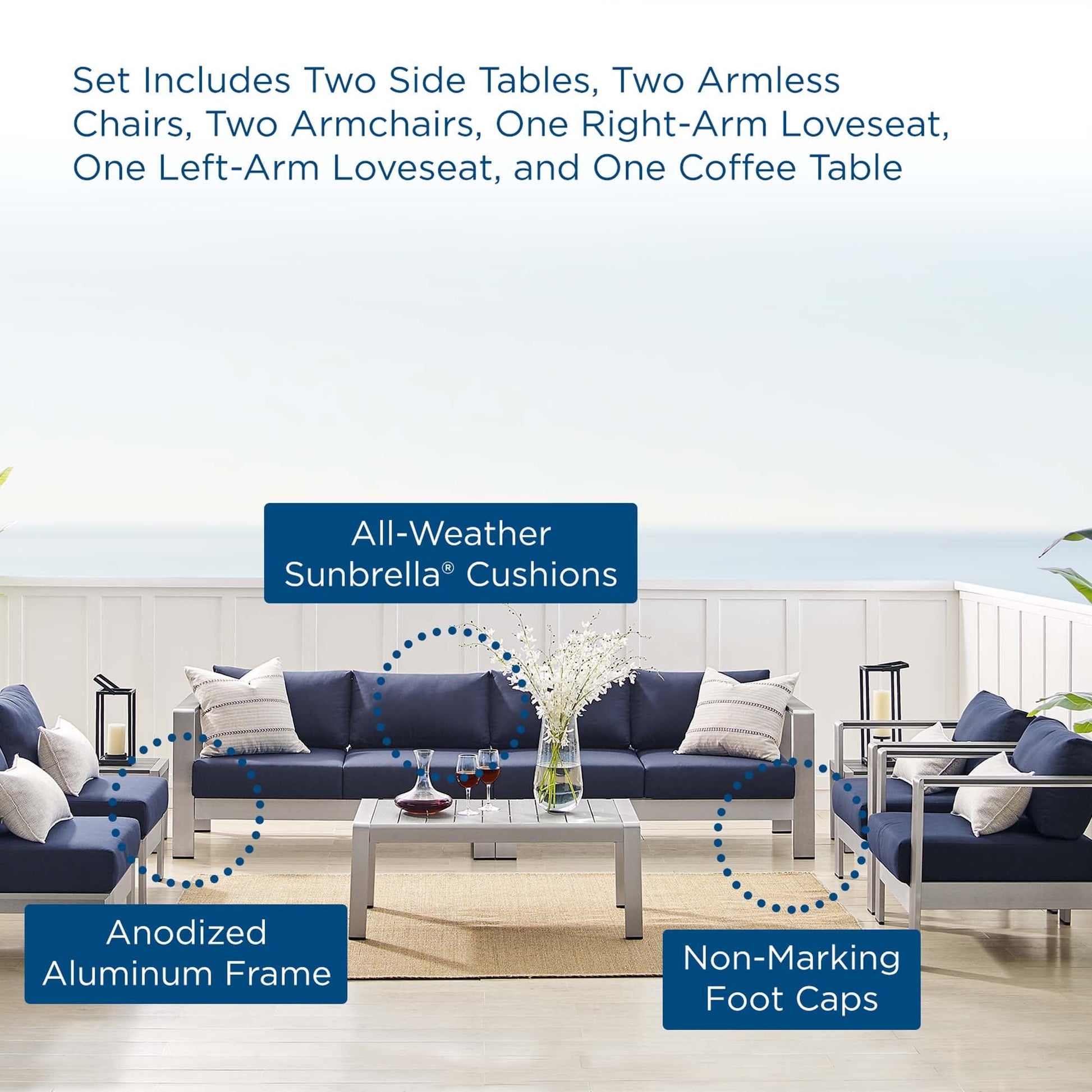 Shore Aluminum 9-Piece Sectional Sofa Set - Silver Navy by Modway Sectional Set Modway 