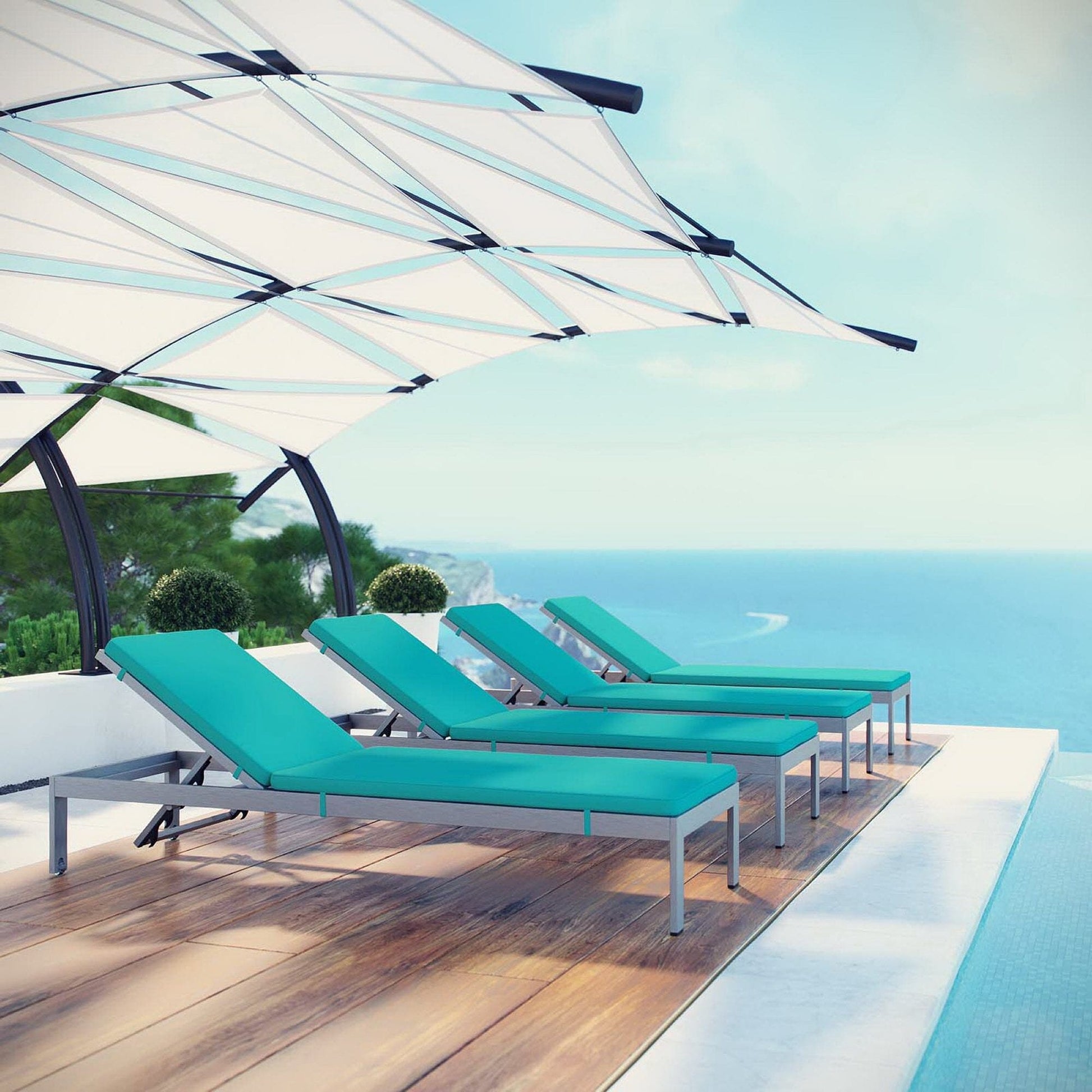 Shore Aluminum Chaise Lounge Set of 4 - Silver Turquoise by Modway Chaise Set Modway 