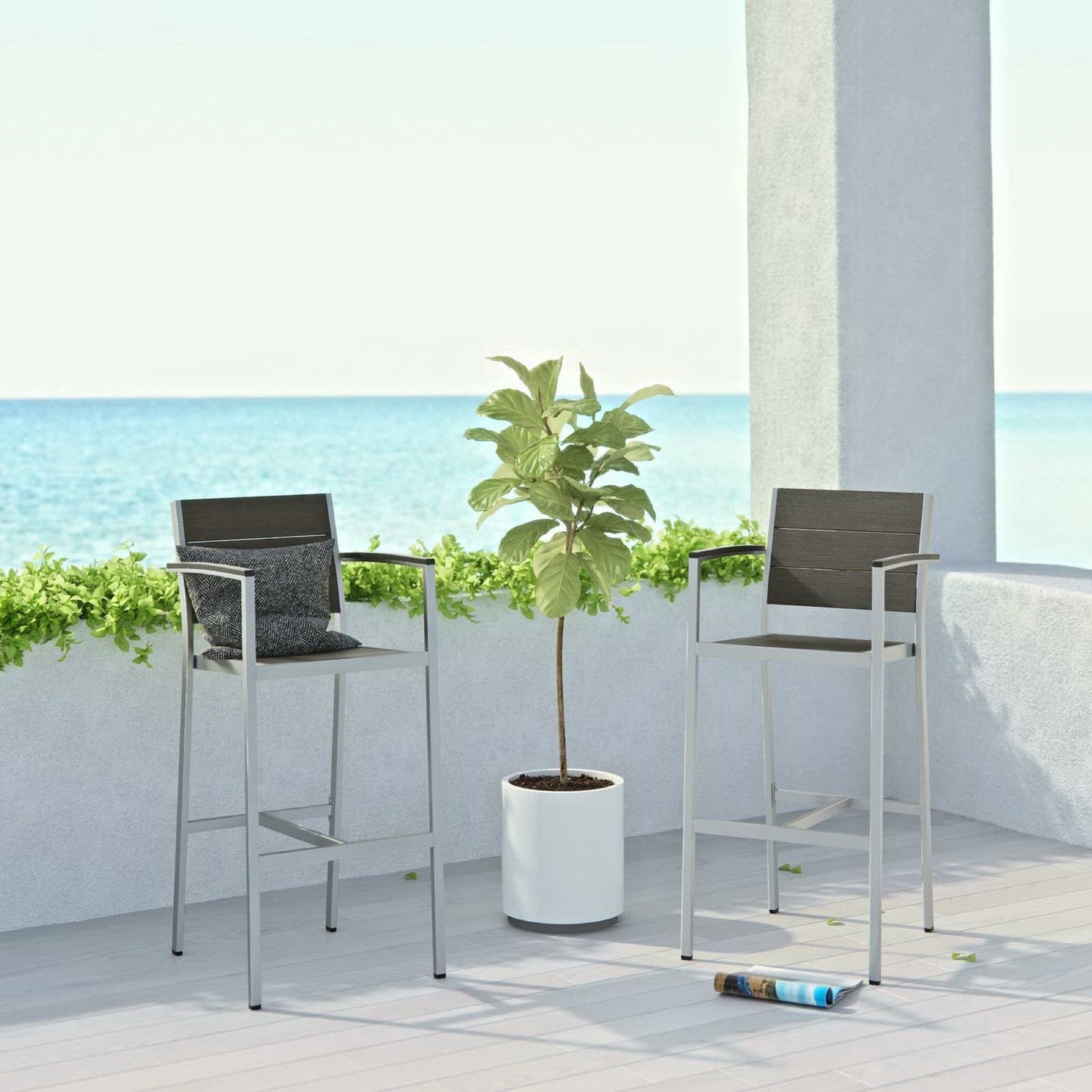Shore Outdoor Patio Aluminum Bar Stool with Armrests (Set of 2) in Silver Gray by Modway Bar Stool Modway 