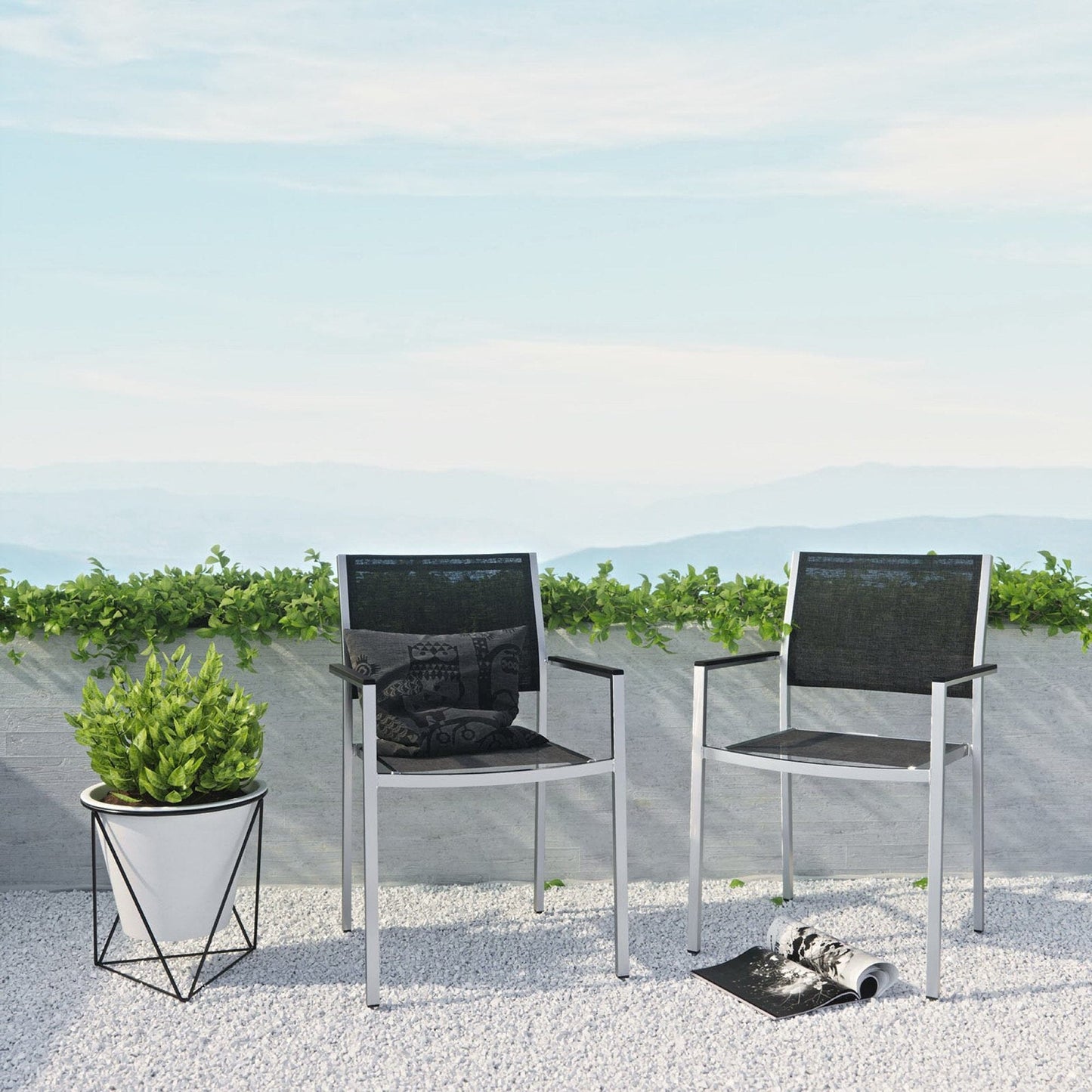 Shore Outdoor Patio Aluminum Dining Chair (Set of 2) in Silver Black by Modway Dining Chair Modway 