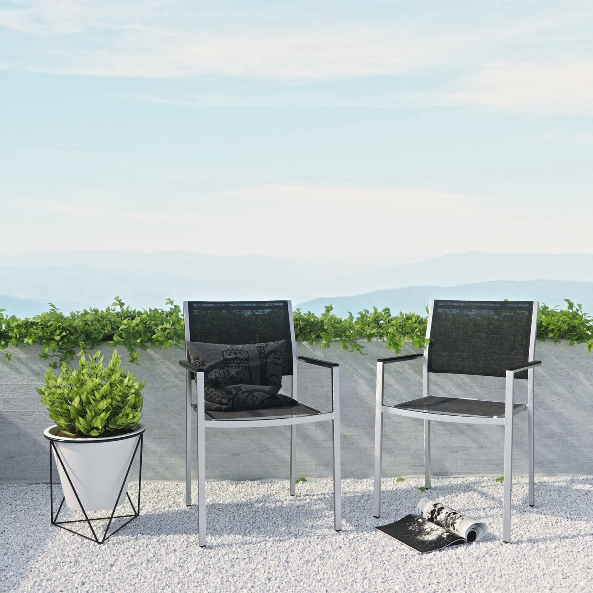 Shore Outdoor Patio Aluminum Dining Chair (Set of 2) in Silver Black by Modway Dining Chair Modway 