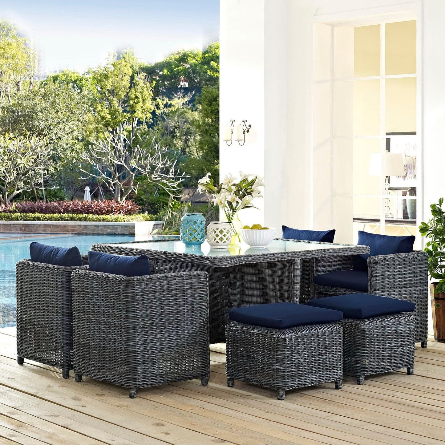 Summon 9 Piece Outdoor Patio Sunbrella Dining Set in Canvas Navy by Modway Dining Set Modway 