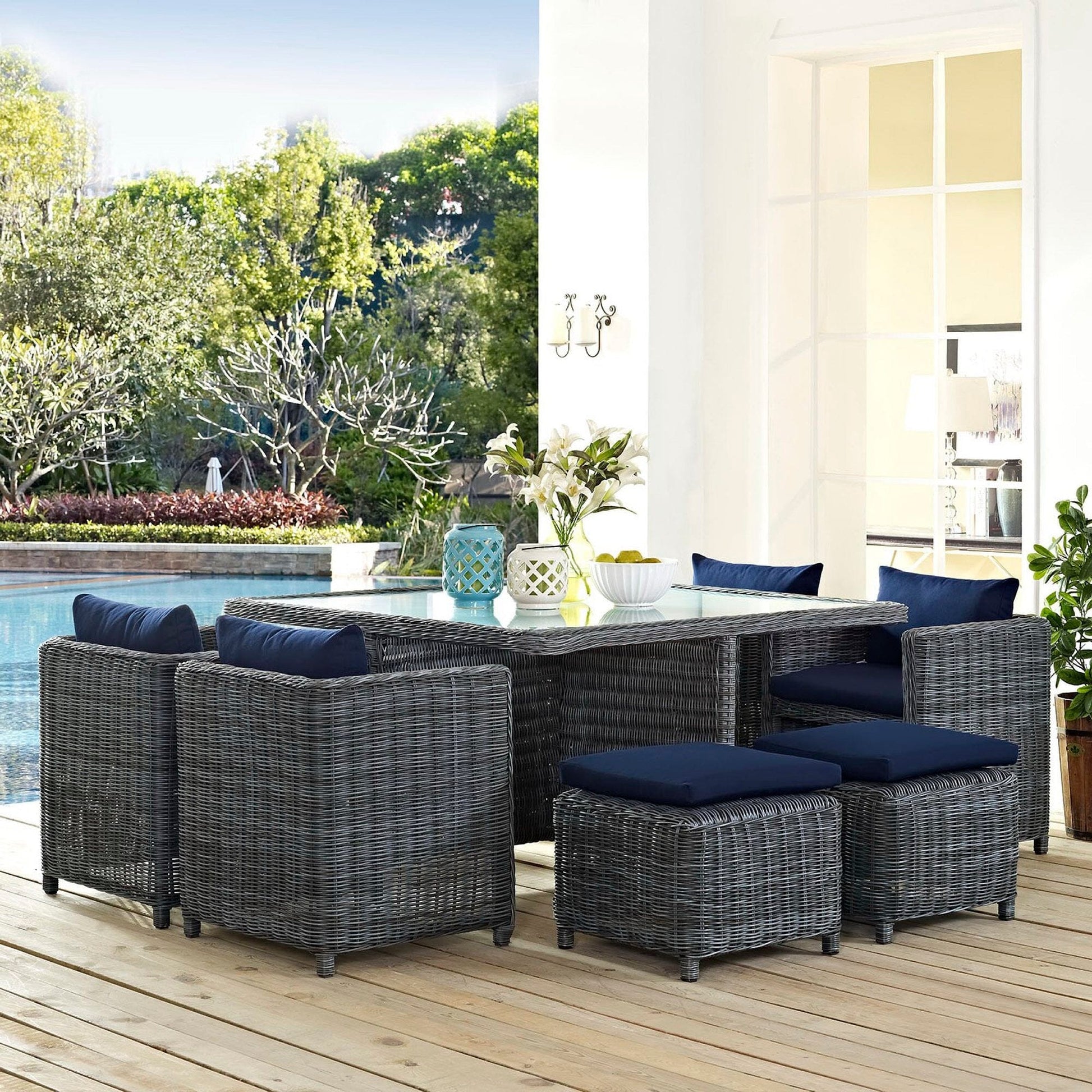 Summon 9 Piece Outdoor Patio Sunbrella Dining Set in Canvas Navy by Modway Dining Set Modway 