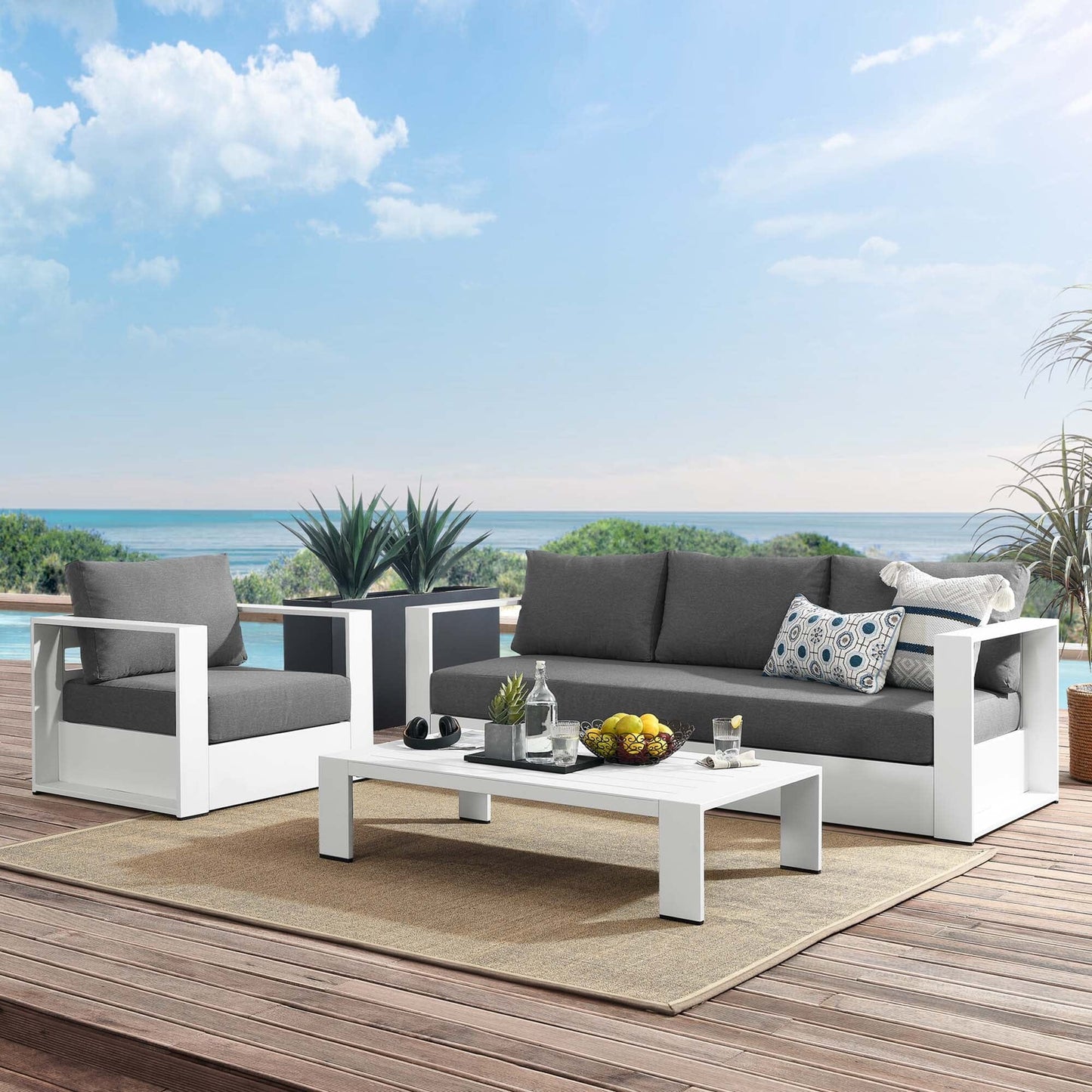 Tahoe 3-Piece Outdoor Patio Powder-Coated Aluminum Set in White Charcoal by Modway Conversation Set Modway 