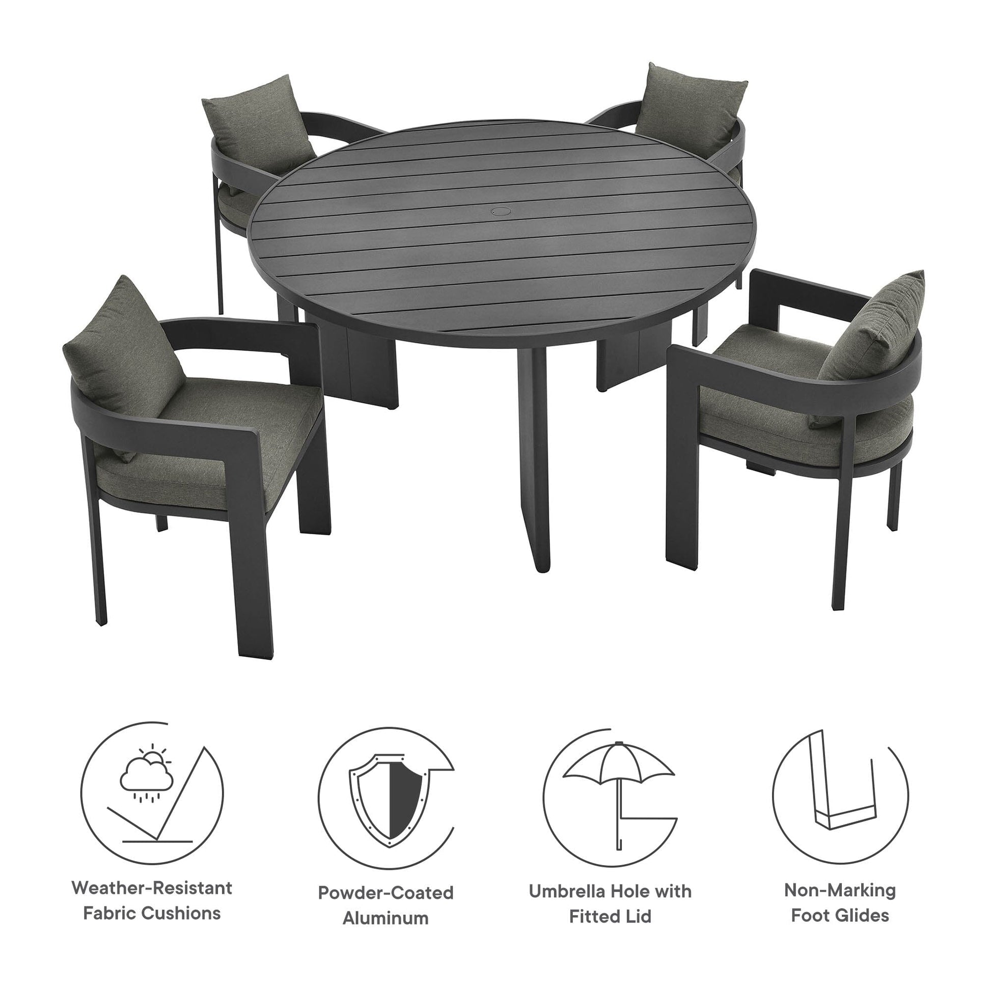 Tahoe 5-Piece Outdoor Patio Aluminum Dining Set in Gray Charcoal by Modway Dining Set Modway 