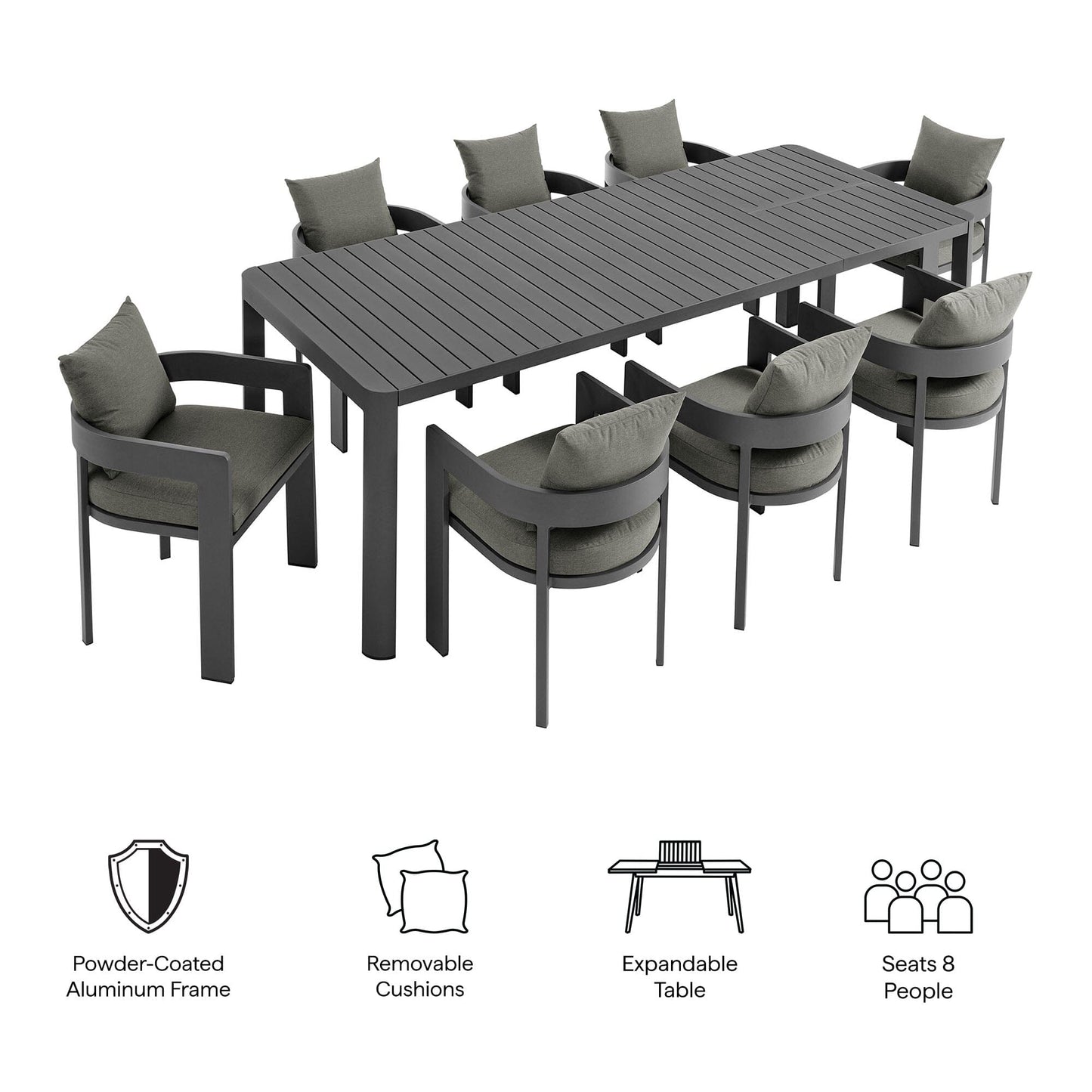 Tahoe 9-Piece Outdoor Patio Aluminum Dining Set With Extendable Table in Gray Charcoal by Modway Dining Set Modway 