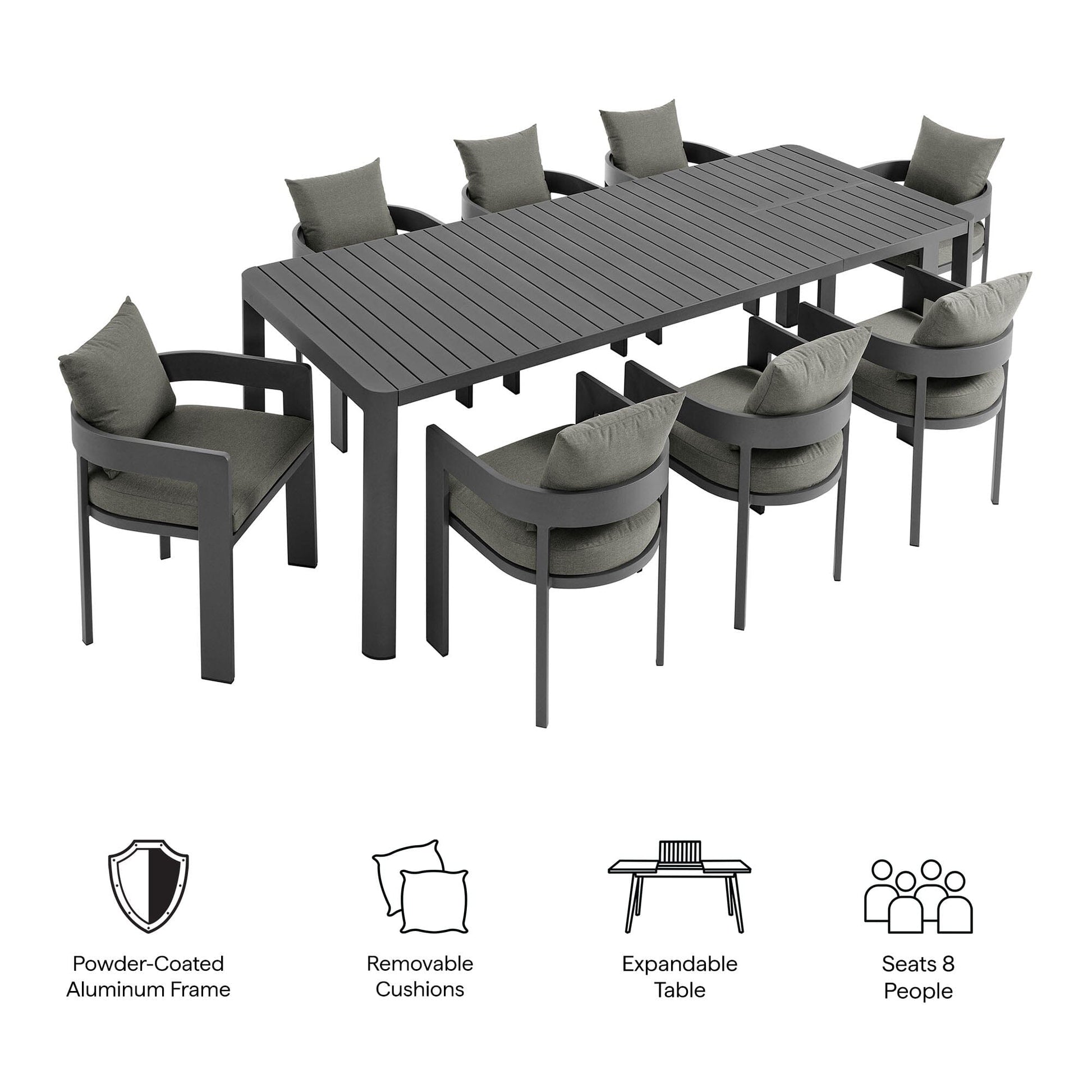 Tahoe 9-Piece Outdoor Patio Aluminum Dining Set With Extendable Table in Gray Charcoal by Modway Dining Set Modway 
