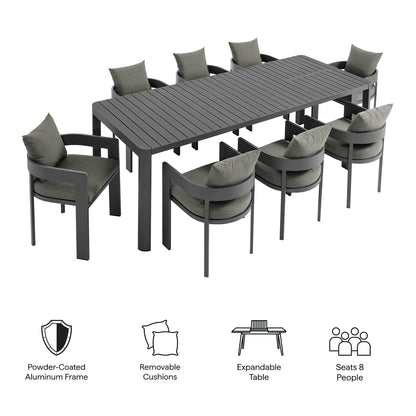 Tahoe 9-Piece Outdoor Patio Aluminum Dining Set With Extendable Table in Gray Charcoal by Modway Dining Set Modway 