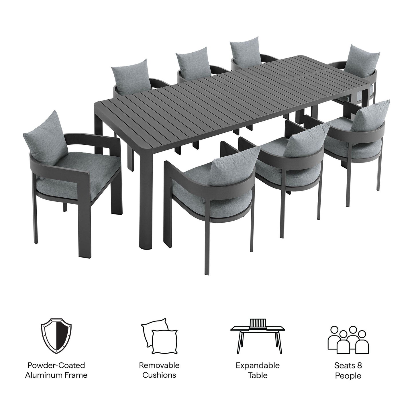 Tahoe 9-Piece Outdoor Patio Aluminum Dining Set With Extendable Table in Gray Gray by Modway Dining Set Modway 