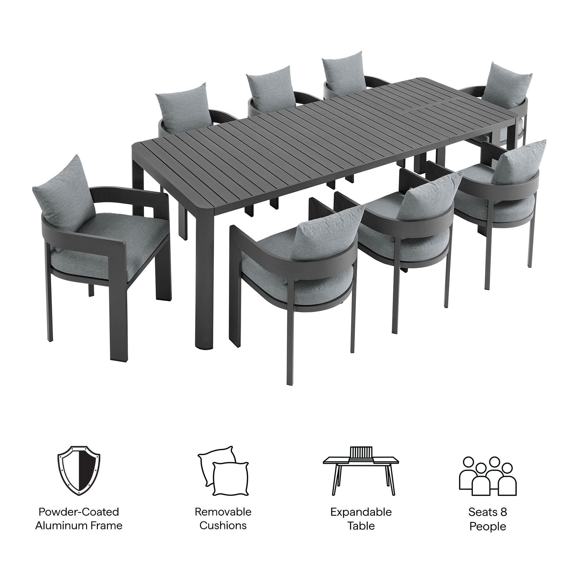 Tahoe 9-Piece Outdoor Patio Aluminum Dining Set With Extendable Table in Gray Gray by Modway Dining Set Modway 