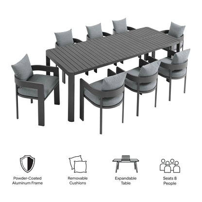 Tahoe 9-Piece Outdoor Patio Aluminum Dining Set With Extendable Table in Gray Gray by Modway Dining Set Modway 