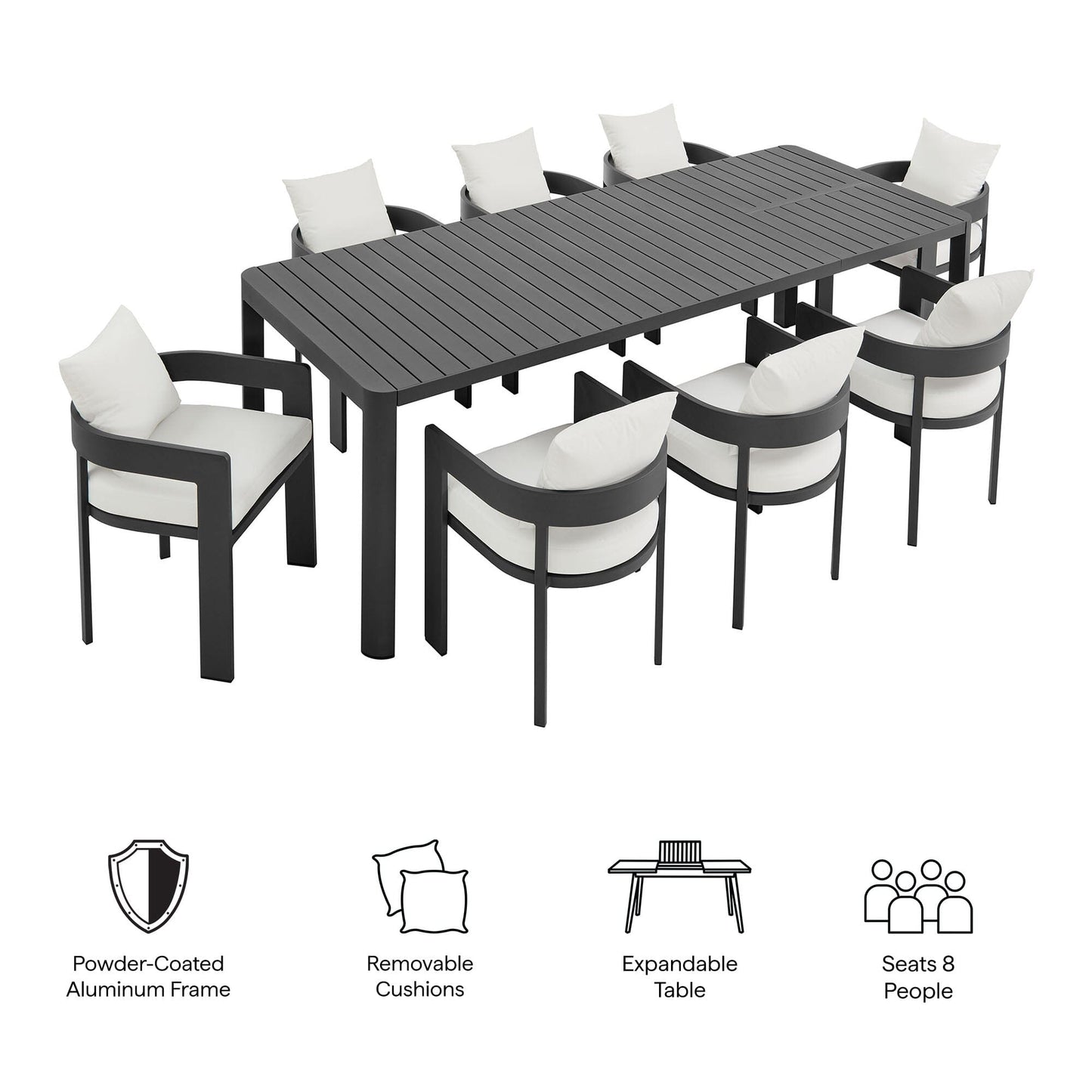 Tahoe 9-Piece Outdoor Patio Aluminum Dining Set With Extendable Table in Gray White by Modway Dining Set Modway 
